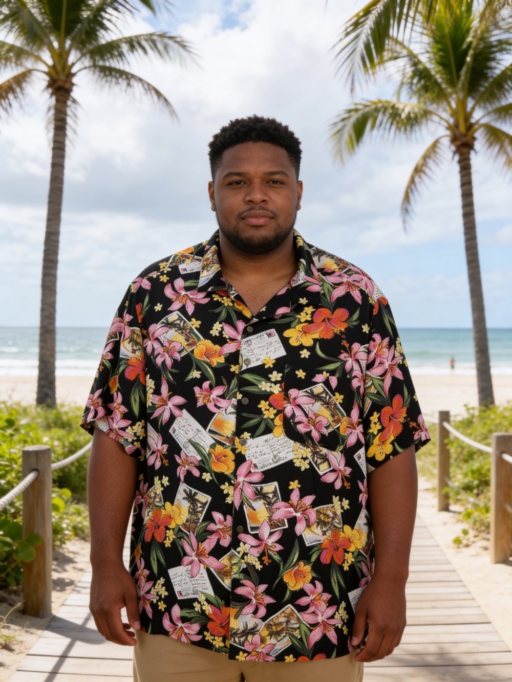 George Black Floral Short-Sleeve  Hawaiian Shirt with Pink & Orange Blooms